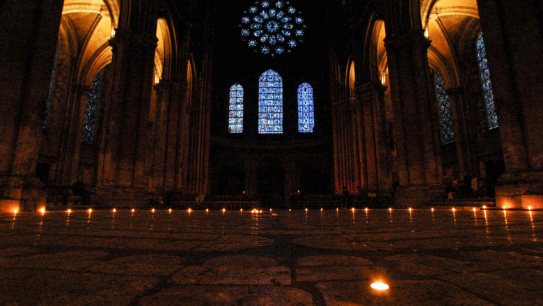 Candle lit labyrinth in Chartres Cathedral by photographer Jill K H Geoffrion