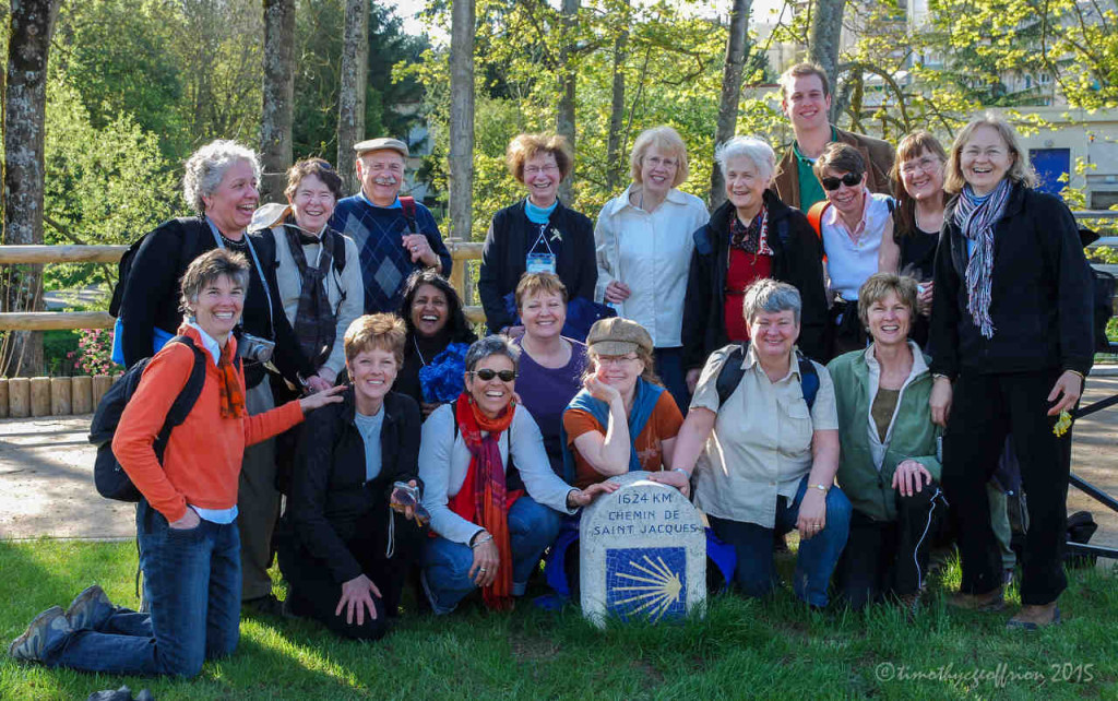 Group posing by the Camino Sign in Chartres by Jill K H Geoffrion in Chartres