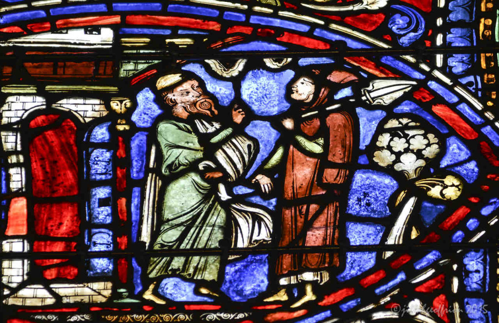 Older son and father discuss the situation, Prodigal window at Chartres Cathedral by photographer Jill K H Geoffrion