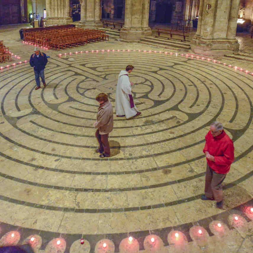 Retreatants walk the labyrinth after hours by Jill K H Geoffrion