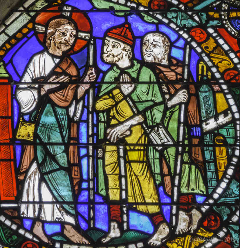 Jesus walking on the road to Emmaus in the Passion and Resurrection Window at Chartres Cathedral by photographer Jill K H Geoffrion