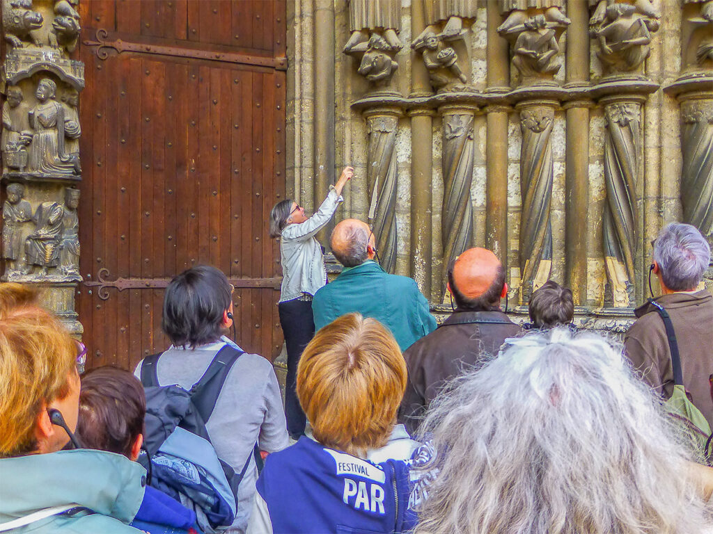 Jill Geoffrion guiding on the south porch of Chartres Cathedral